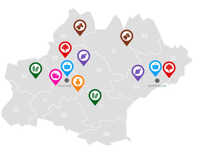 Les 12 sites géographiques des 7 Open Labs d'Occitanum en Région Occitanie